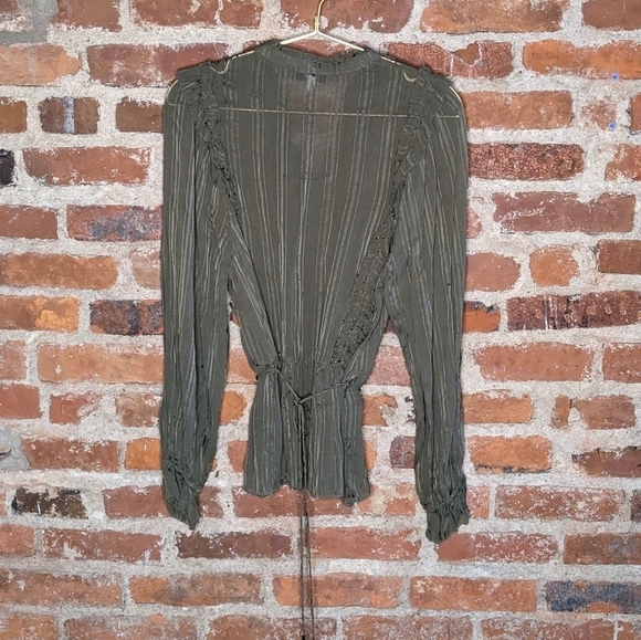 Reiss Size 6 Olive Green Sheer‎ Long Sleeve Ruffled Blouse w/ Belt - Picture 6 of 12
